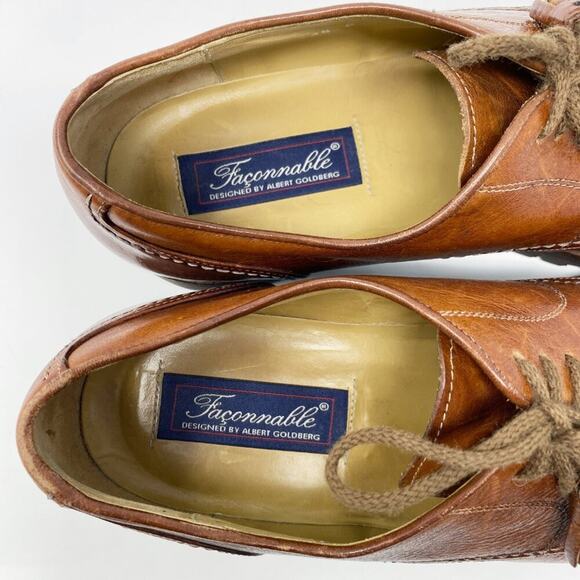 Faconnable Cognac Brown Leather Oxfords Men's Size 10.5 Lace Up Vibram Lug Sole - Picture 9 of 11